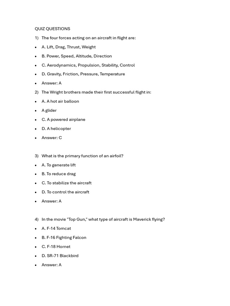 Aircraft Quiz Questions and Answers | PDF