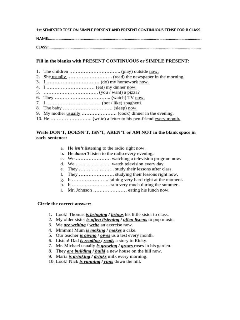 1st Semester Test On Present Continuous Vs Simple Present Pdf
