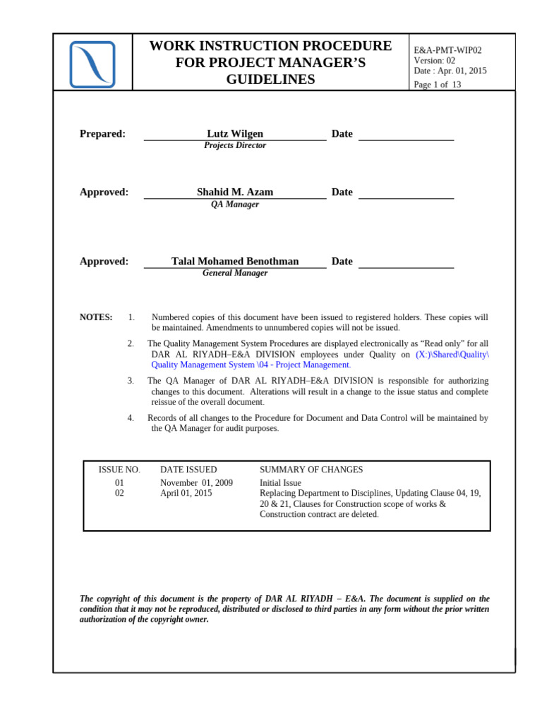 E&A-PMT-WIP02 - Work Instruction For Prpject Manager's Guidelines | PDF