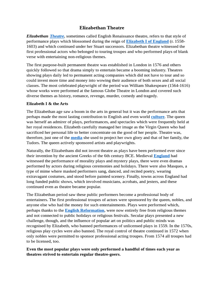 Elizabethan Theatre Overview and Impact | PDF | William Shakespeare ...