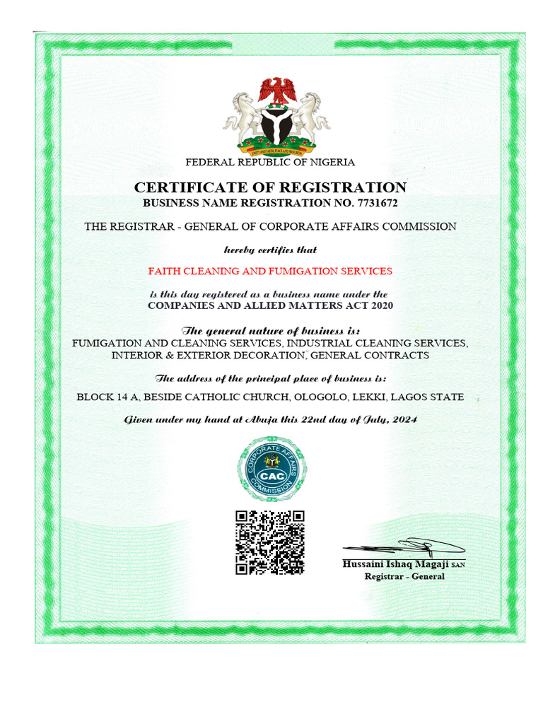 Faith Cleaning and Fumigation Registration | PDF