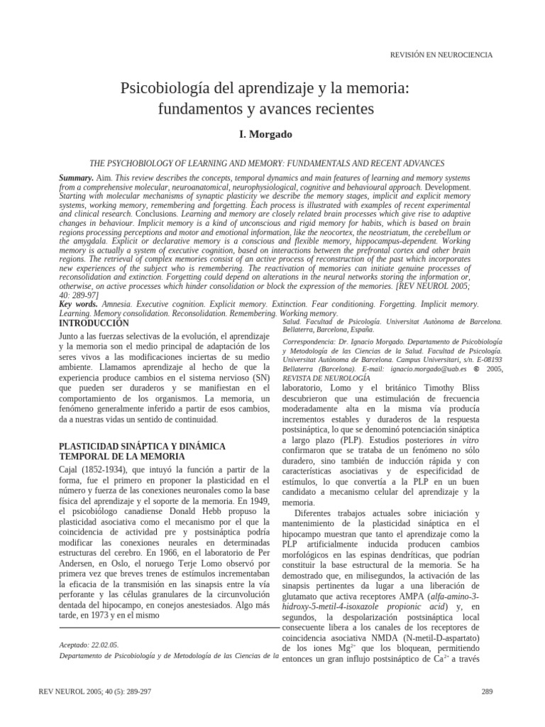 Psicobiología del Aprendizaje y Memoria | PDF | La potenciación a largo ...