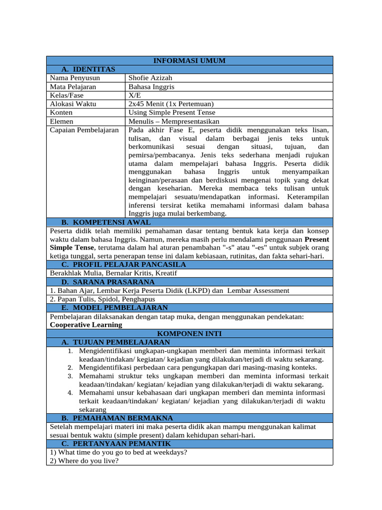 Modul Ajar Simple Present Tense Kelas 7 | PDF | Grammar | Language Arts ...