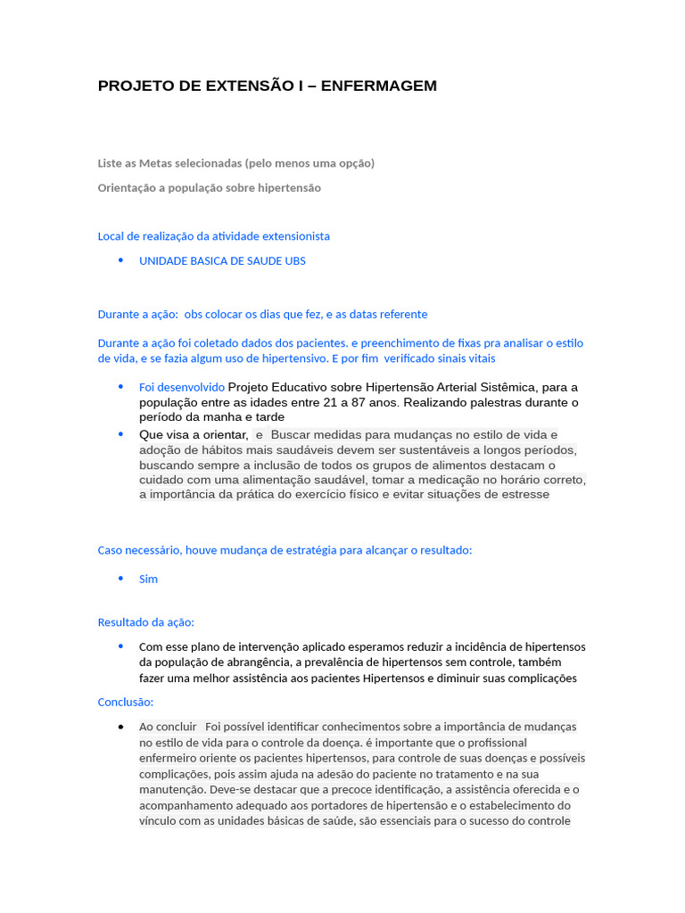 Projeto de Extensão Enfermagem 7 Semestre | PDF