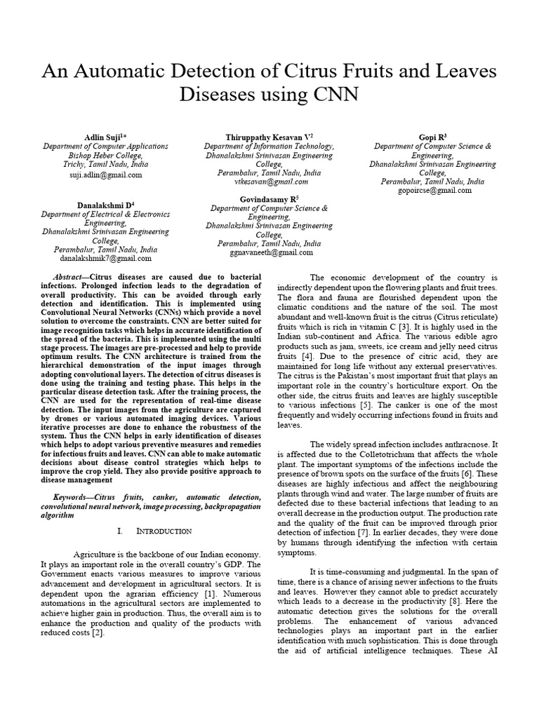 An Automatic Detection of Citrus Fruits and Leaves Diseases Using CNN | PDF