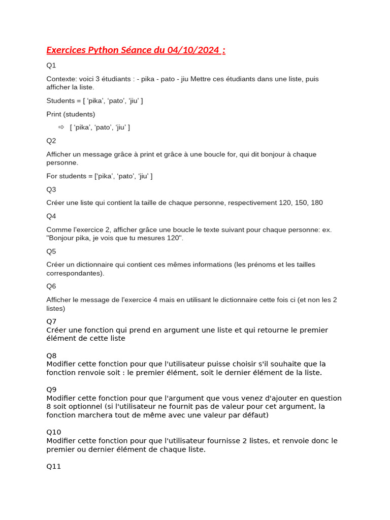 Exercices Tutorat Python | PDF