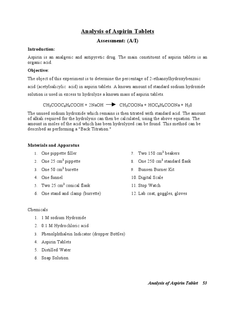 Analysis of Aspirin Tablets PDF Titration Chemistry
