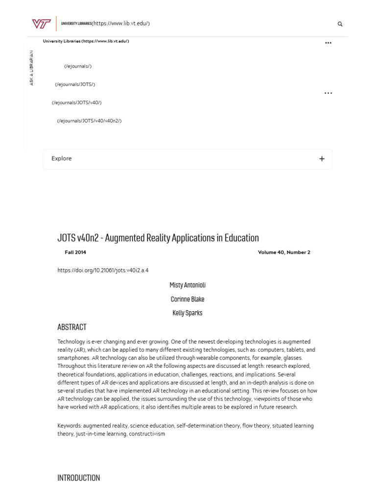 JOTS v40n2 - Augmented Reality Applications in Education: Explore | PDF