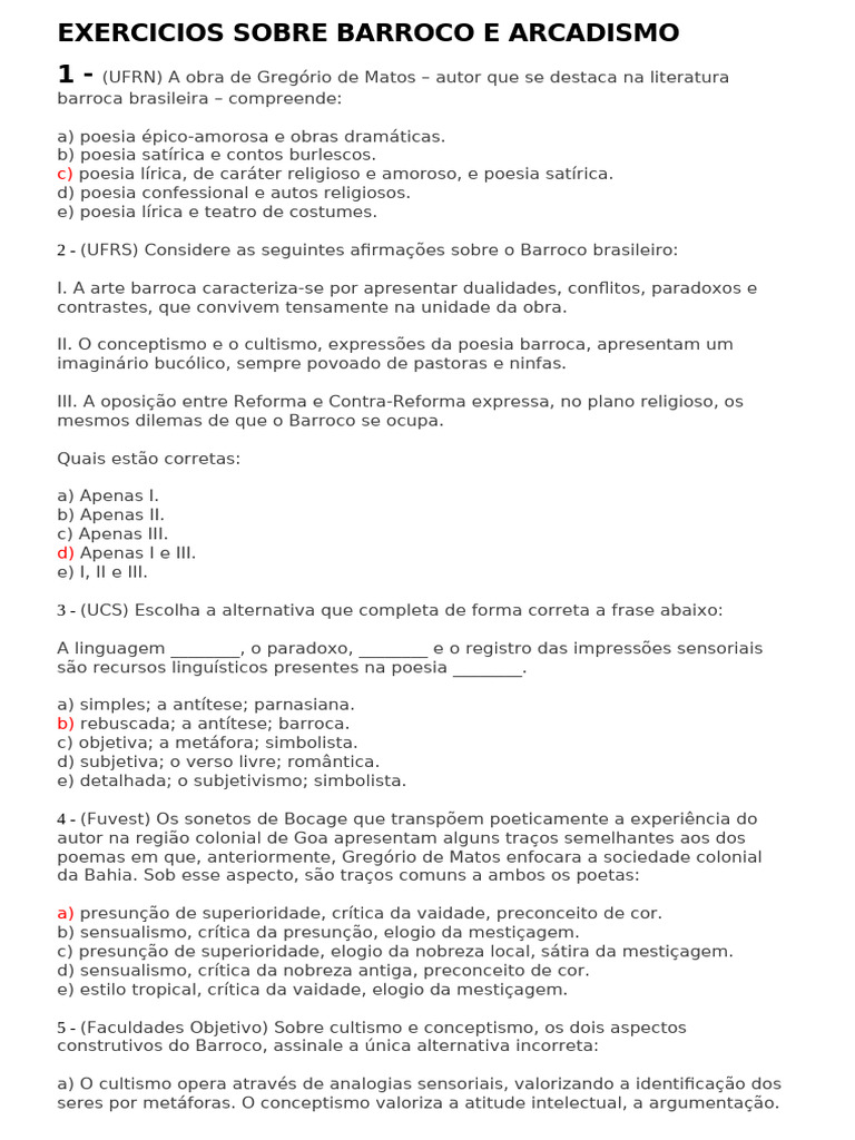 Exercicios Sobre Barroco e Arcadismo | PDF | Barroco | Las artes