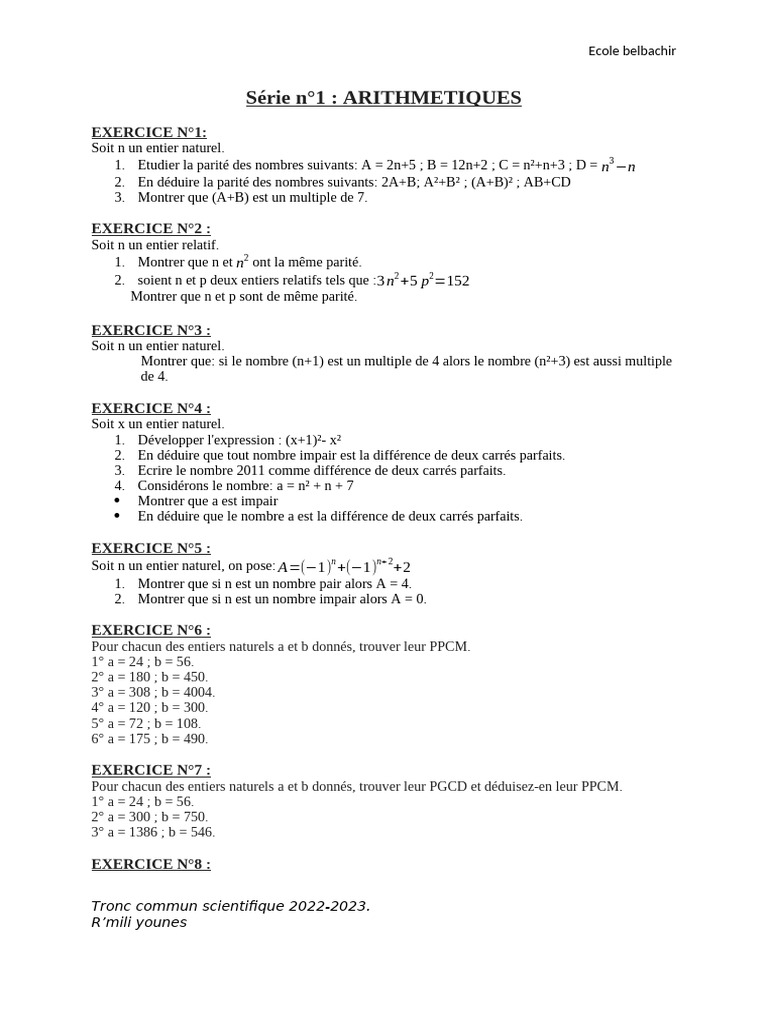 Arithmetiques Exercices | PDF