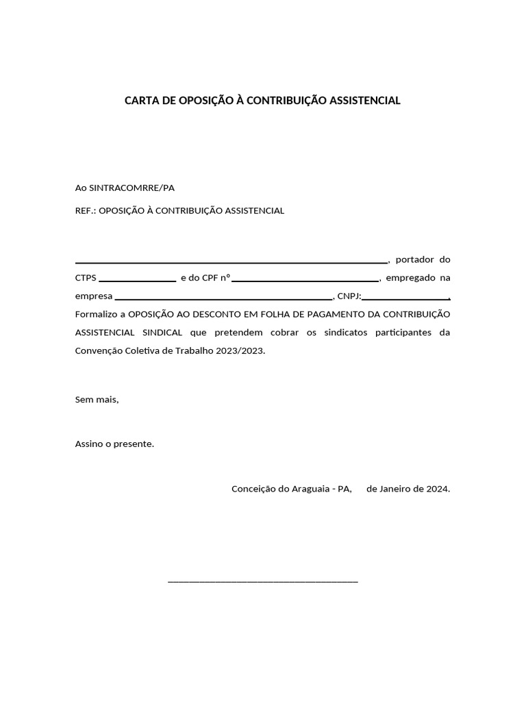 Carta de Oposição à Contribuição Assistencial | PDF