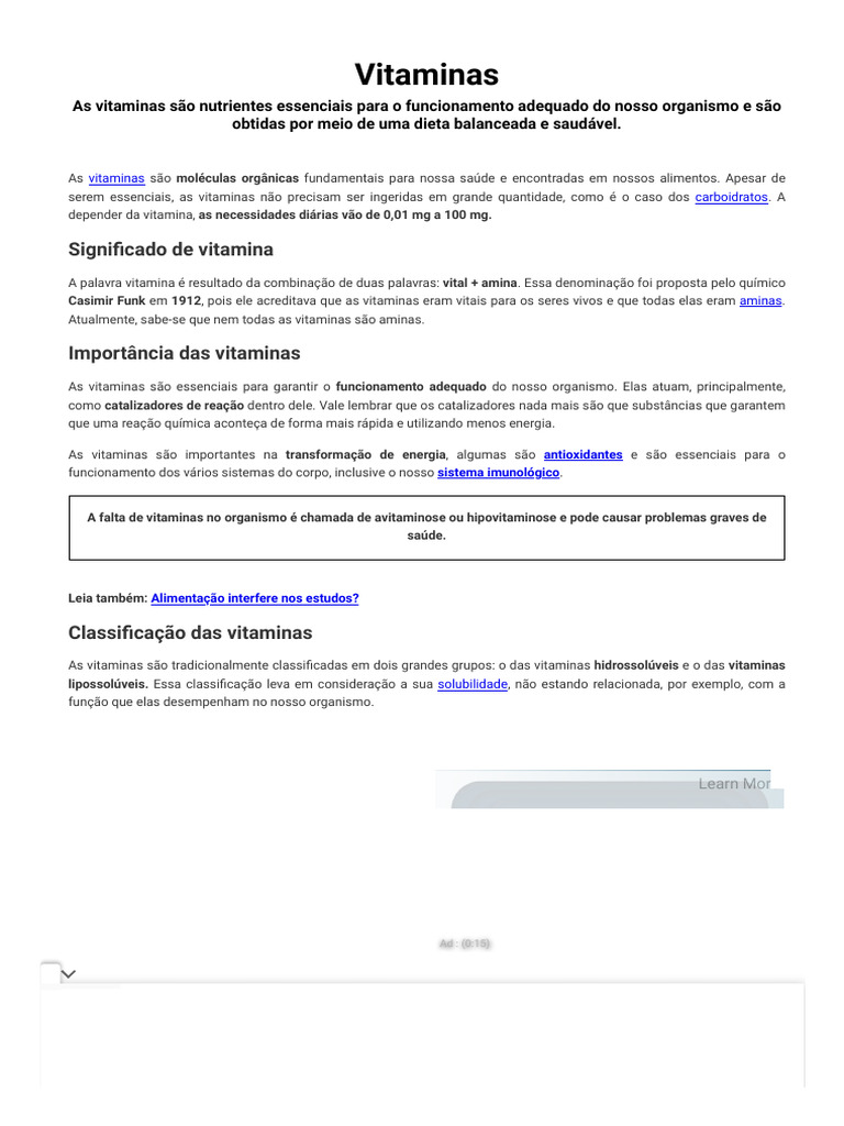Vitaminas Tipos Importância Tabela E Classificação Brasil Escola Pdf