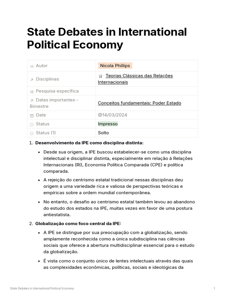 Resumo 4 - State - Debates - in - International - Political - Economy | PDF