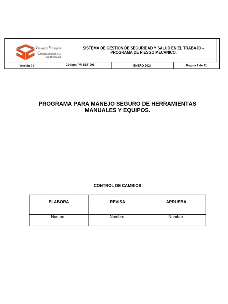 Programa para Manejo Seguro de Herramientas Manuales y Equipos | PDF