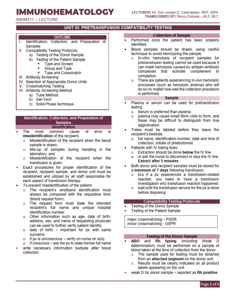 Week 14 Pretransfusion Compatibility Testing Pdf