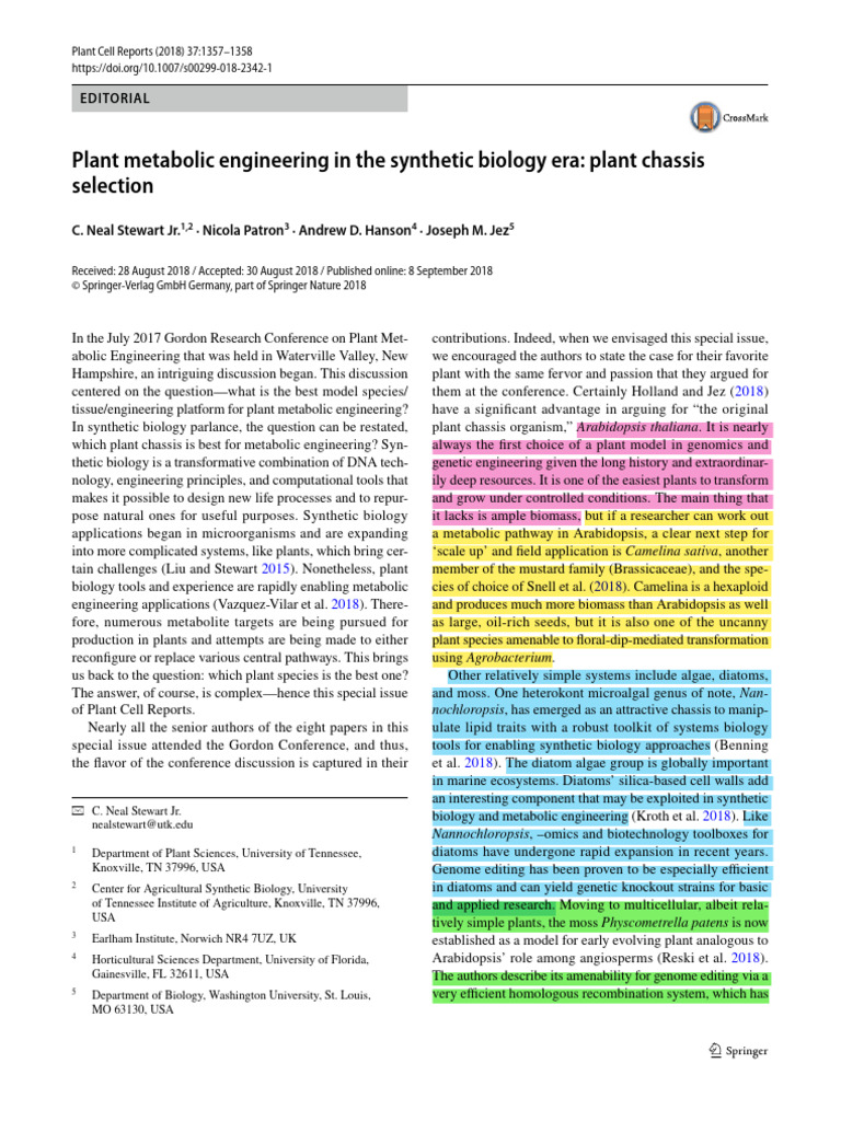 Plant Metabolic Engineering in The Synthetic Biology Era Plant Chassis ...
