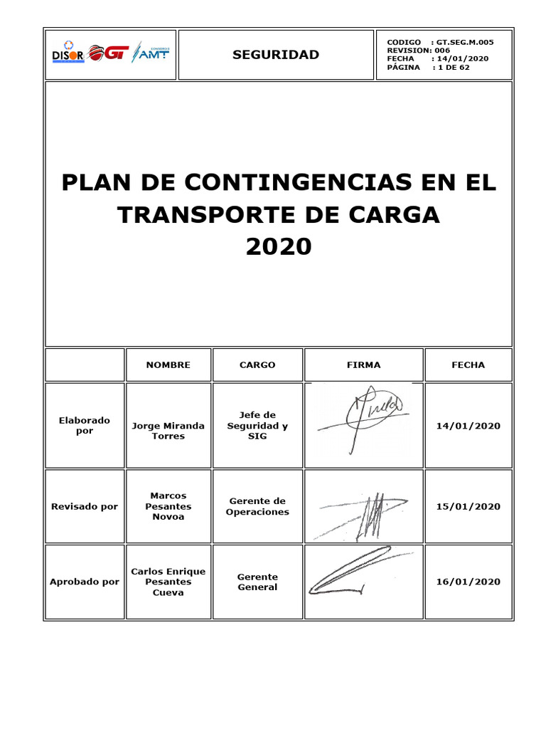 Plan de Contingencias Transporte 2020 | PDF | La seguridad | Finanzas y ...