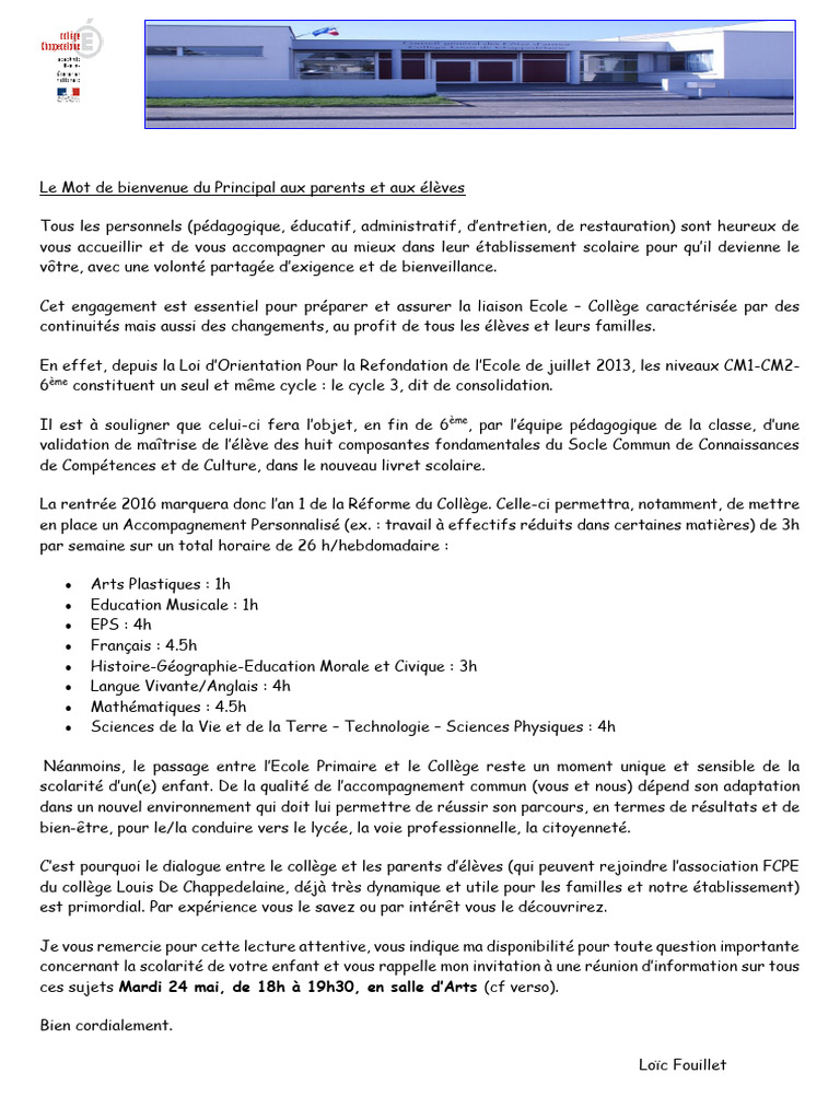 Le Mot De Bienvenue Du Principal Aux Parents Et Aux Eleves Pdf