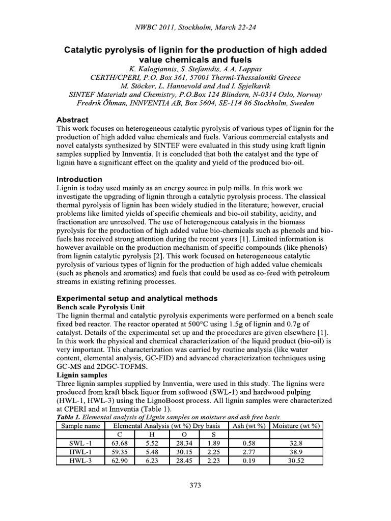 2011 - CONF NWBC 2011-Catalytic Pyrolysis of Lignin Abstract | PDF