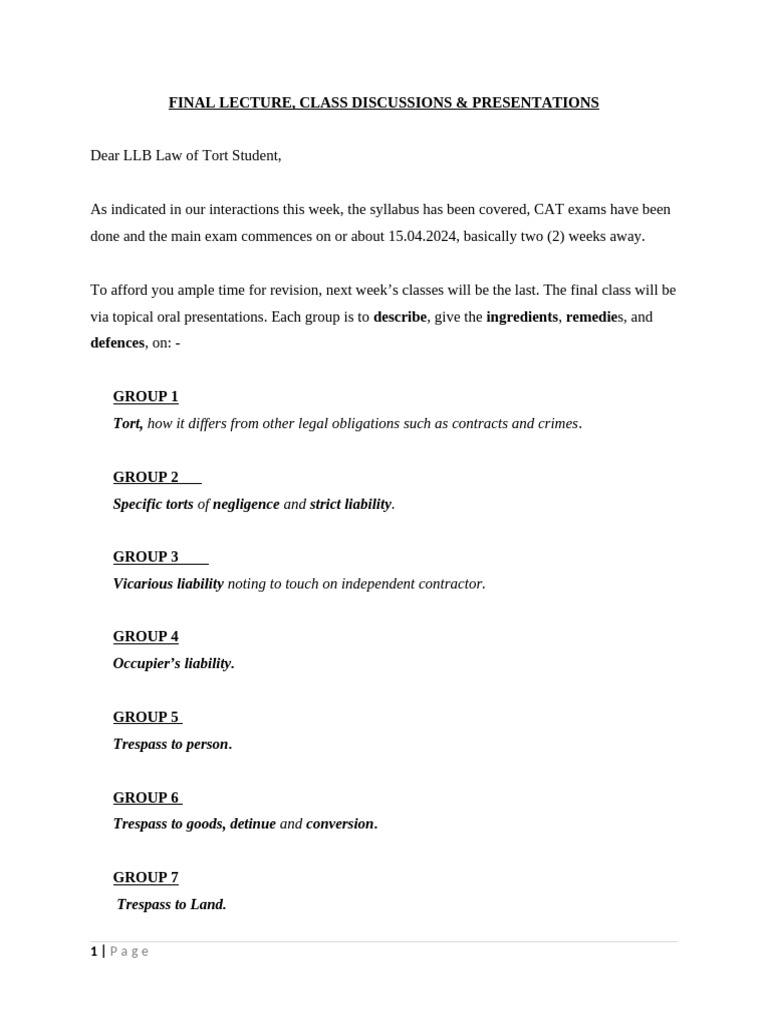 Directions on penultimate final class in tort feb apr 2024 pdf