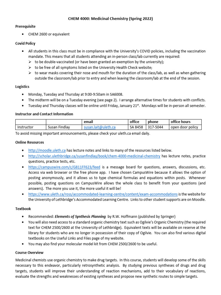 Course Outline Spring 2022 Chem 4000 | PDF