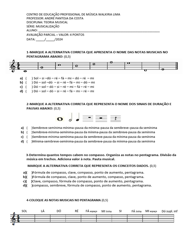 Avaliação de Teoria Musical para Alunos | PDF