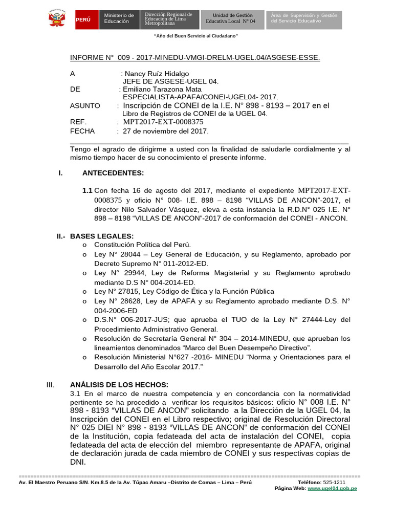 INFORME 009 I.E. N° 898 - 8193 VILLAS DE ANCON | PDF