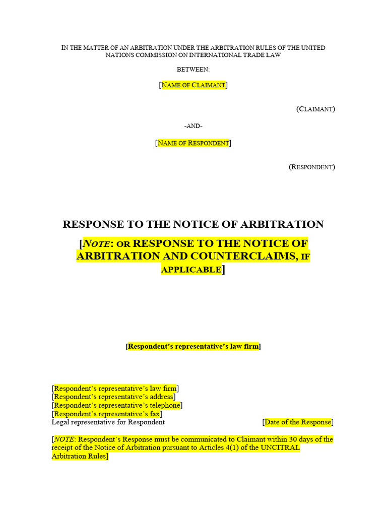 Model UNCITRAL Response To Notice of Arbitration | PDF