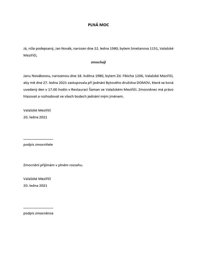 Plná moc - vzor 1 | PDF