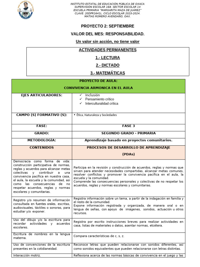 Proyecto de Aula: Convivencia Armónica | PDF | Salón de clases ...