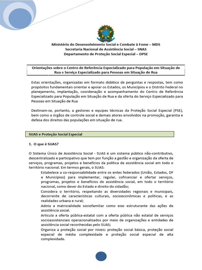 POP - Centro POP, Orientações | PDF