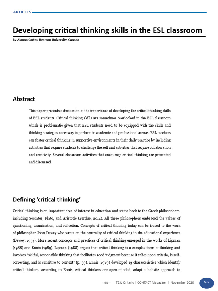 Developing Critical Thinking Skills In The Esl Classroom 1 Pdf