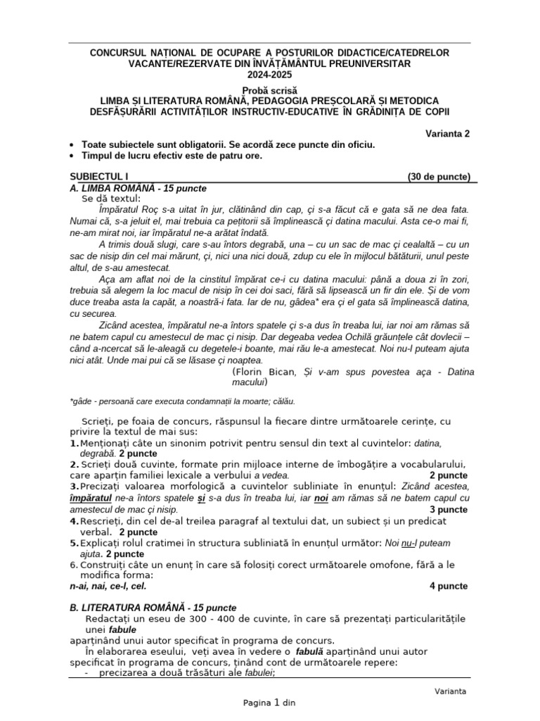 Subiecte Varianta 2 | PDF