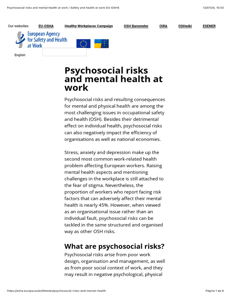 Psychosocial Risks and Mental Health at Work - Safety and Health at ...