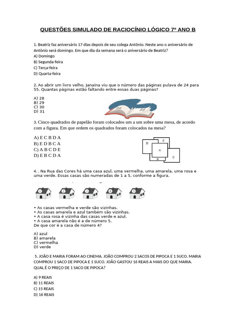 Questões Simulado de Raciocínio Lógico 7º Ano B | PDF