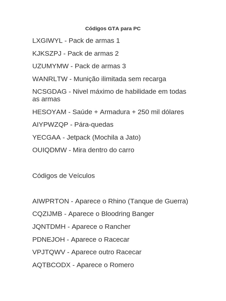 Códigos GTA para PC | PDF | Tráfego | História, image size:768x1024