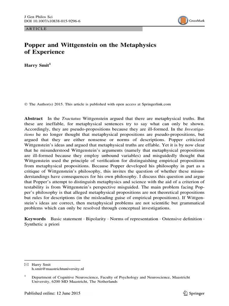 Harry smit popper and wittgenstein on the metaphysics of experience