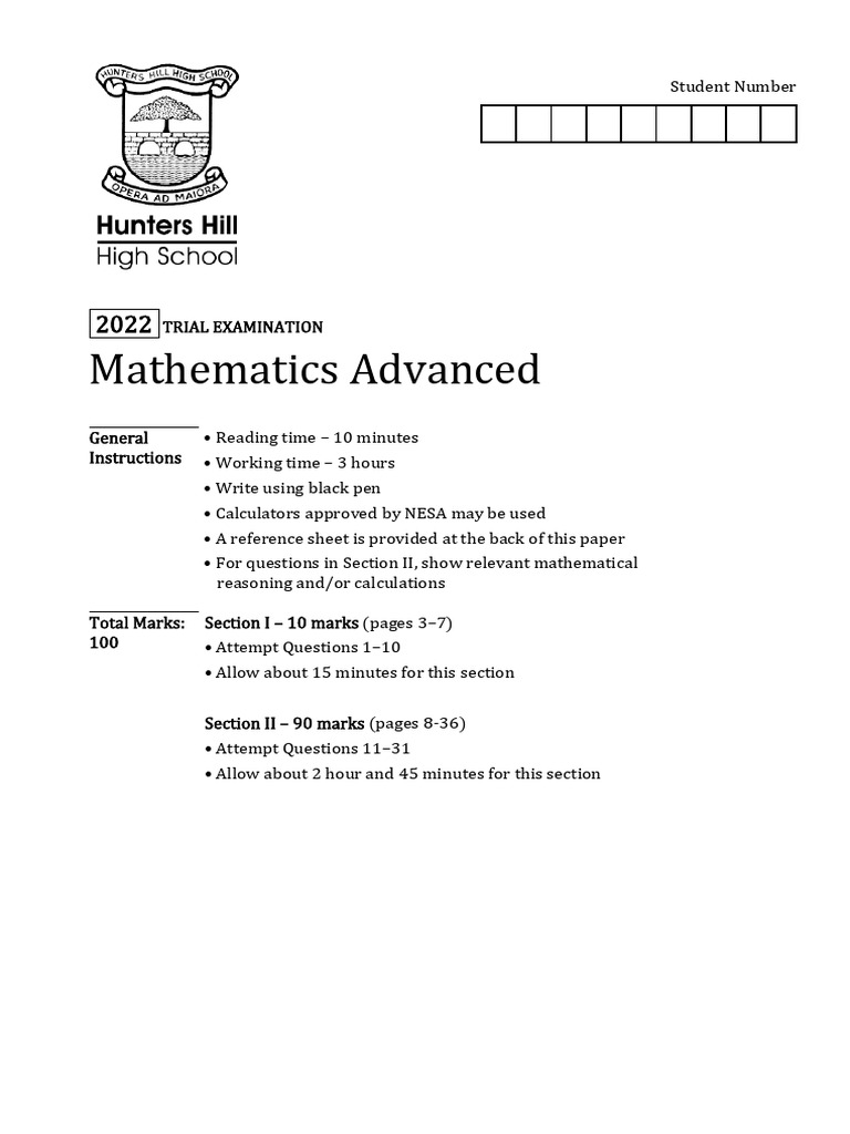 2u Maths 2022 Hunters Hill Trial Paper With Solutions | PDF