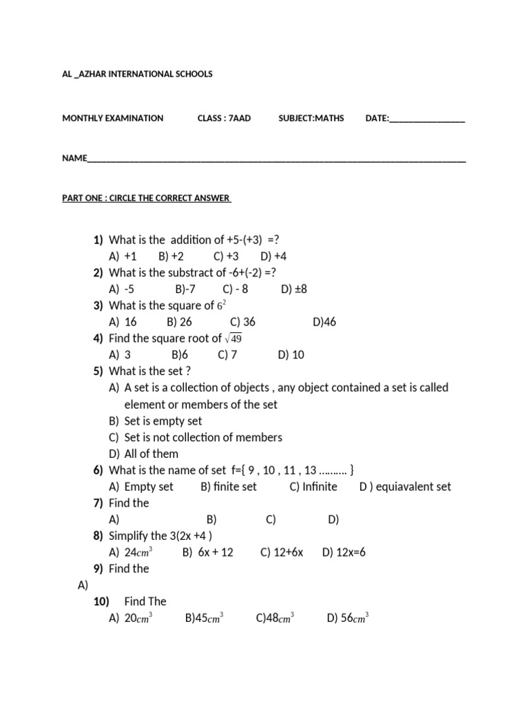 Monthly examination class 7 pdf