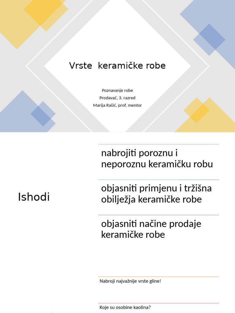 Prodavač - Poznavanje-Robe - Vrste-Keramičke-Robe - 3.-Razred 2 | PDF