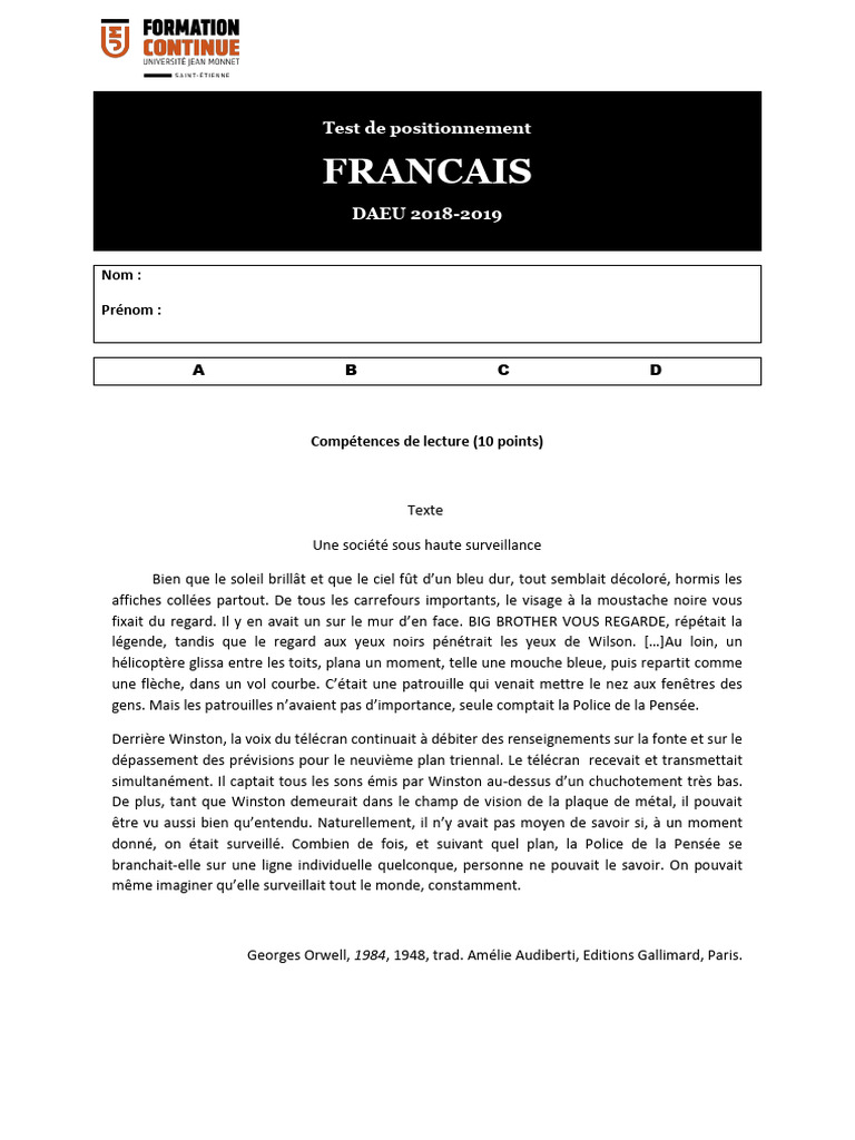 Test de Positionnement Français | PDF