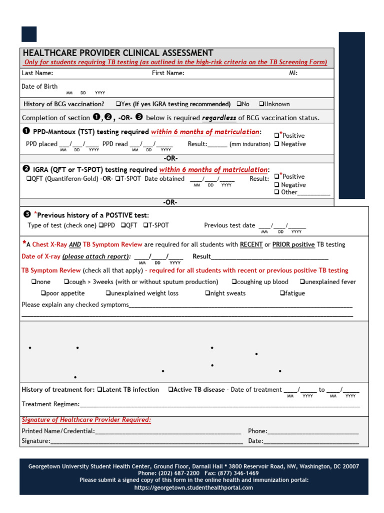 Georgetown University TB Testing Form 2024-2025 | PDF