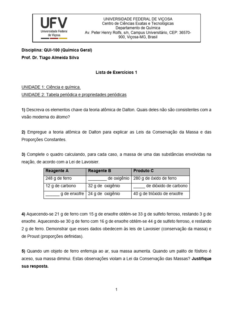 Lista de Exercícios 1 (Unidades 1 2) | PDF