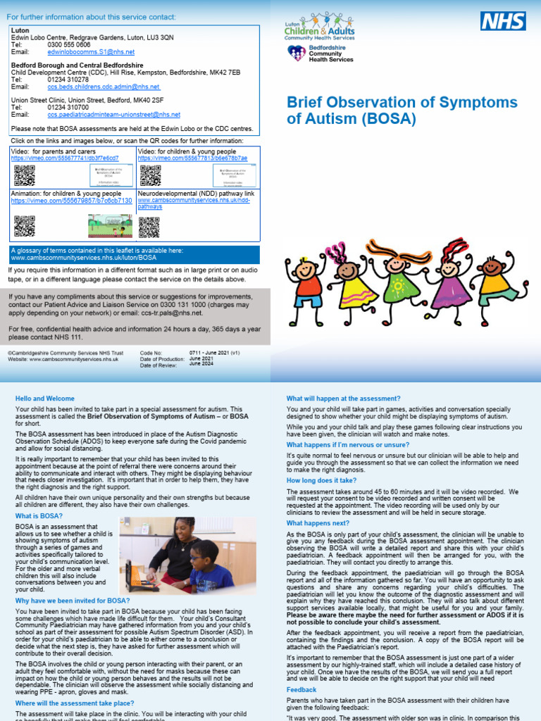 BOSA Autism Assessment Overview | PDF | Medical Diagnosis | Self ...