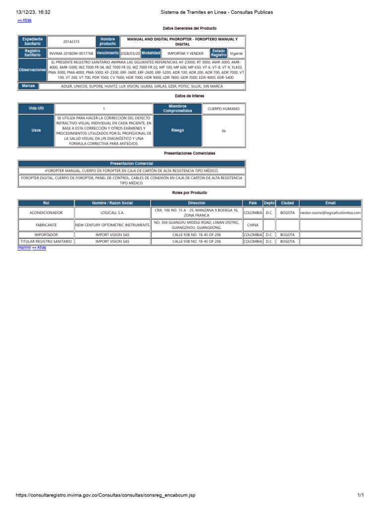 Invima Foropter Importvision Adler | PDF
