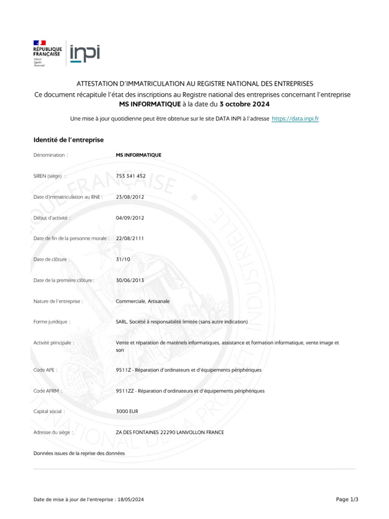 MS INFORMATIQUE - Extrait INPI (2) | PDF