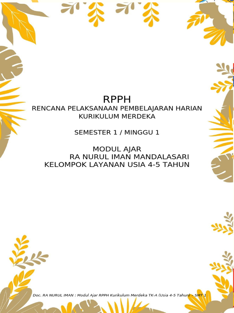 Komponen Utama Modul Ajar Kurmer Lengkap Rpph Tk A Semester