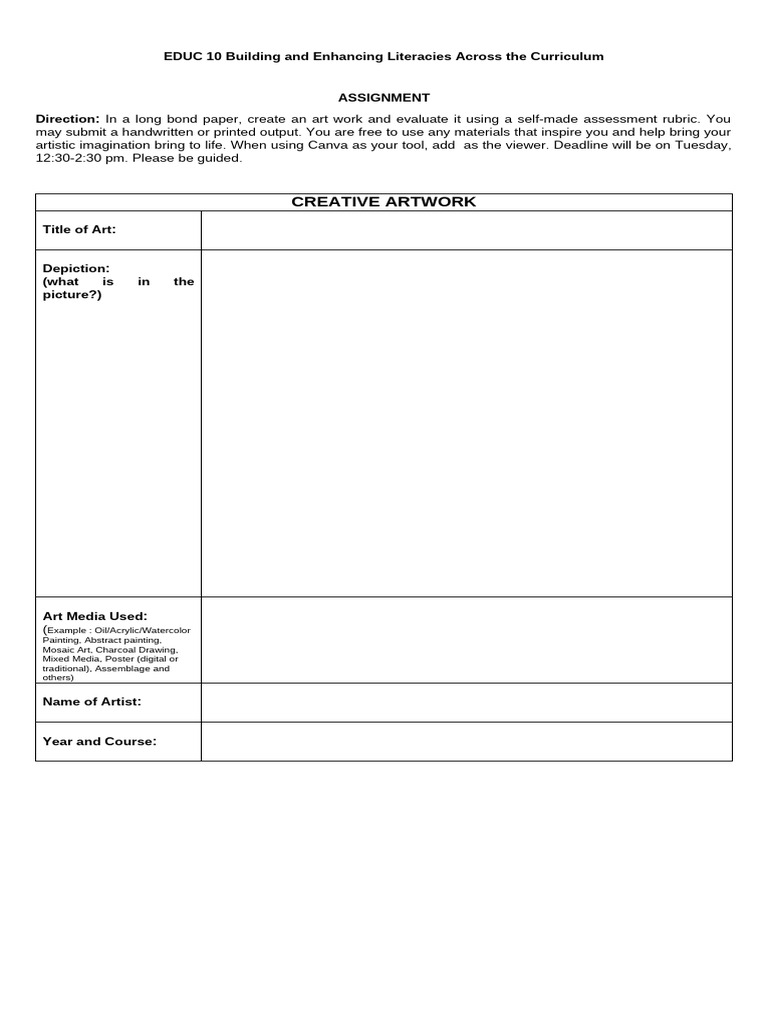 Arts and Creative Literacy Assignment | PDF