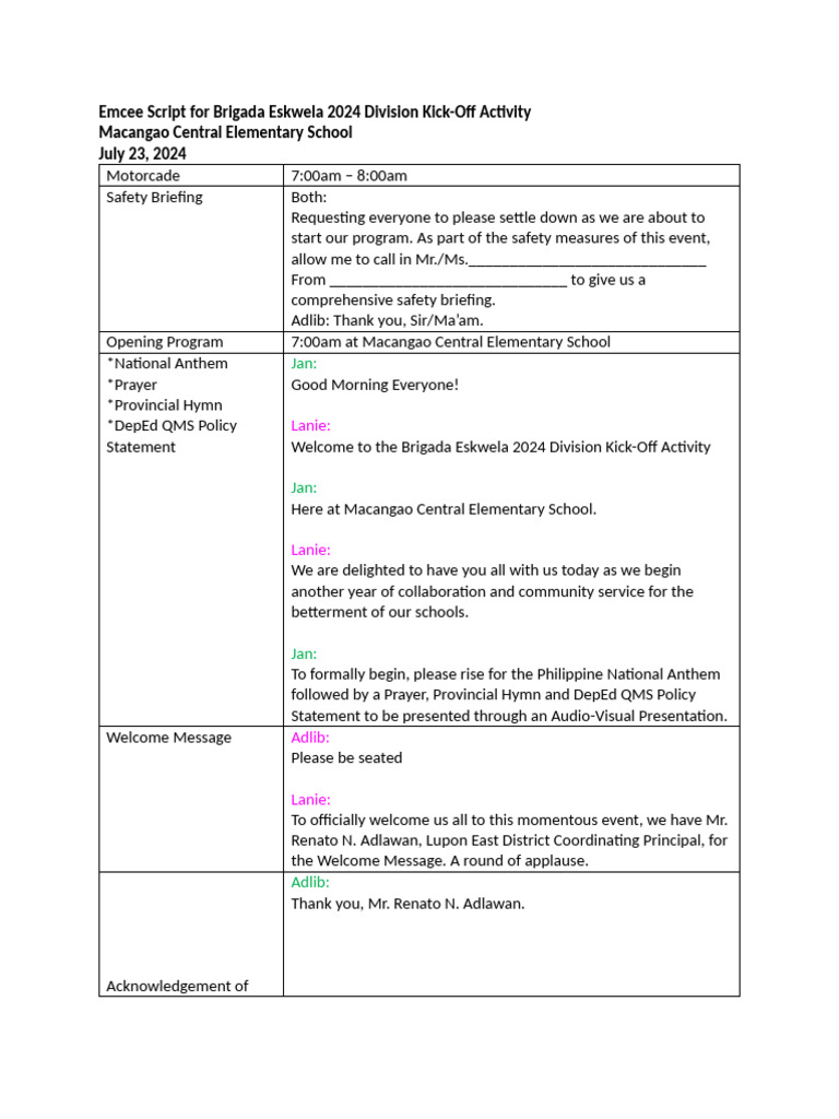 Final emcee script for brigada eskwela 2024 division kick off pdf
