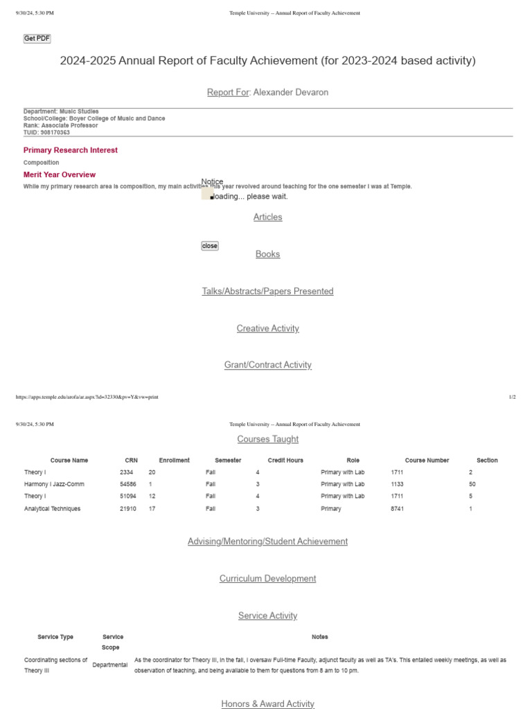 DeVaron - Annual Report of Faculty Achievement | PDF
